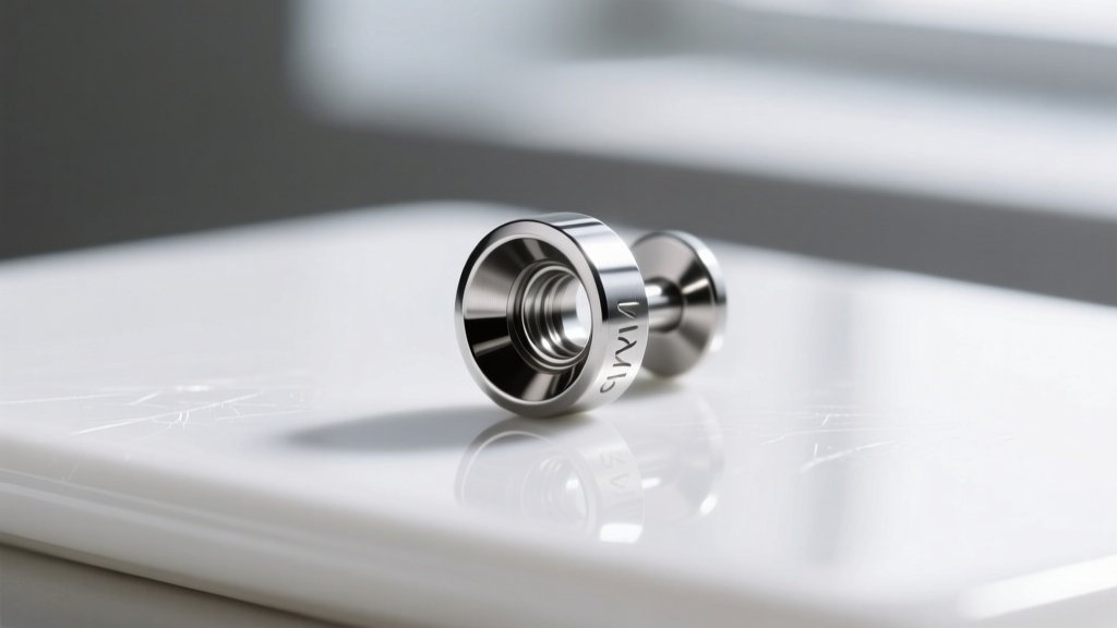 Macro shot of a mirror-polished ASTM F-136 implant-grade titanium flat back labret stud resting on a clean white ceramic surface.