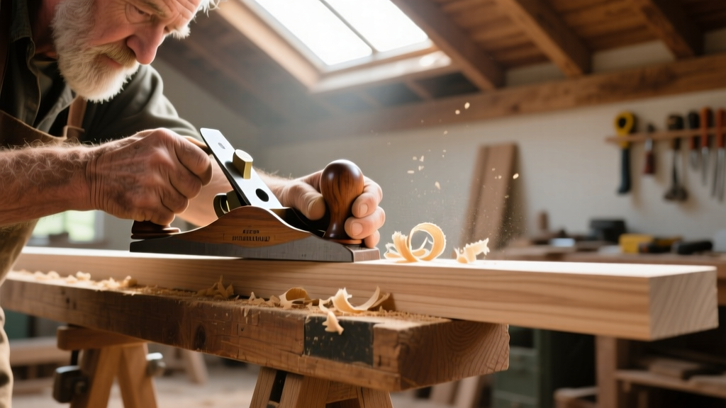 Close-up of a craftsman using a traditional wooden smoothing plane to shave a piece of oak baseboard trim on a sawhorse in a sunlit workshop