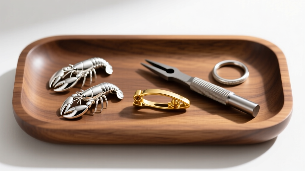 Wooden jeweler tray displaying replacement lobster clasps in sterling silver and 14k gold next to a steel jump ring tool