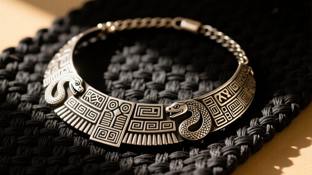A vintage Taxco .950 silver Mexico necklace with Aztec motifs resting on dark woven fabric under warm light.