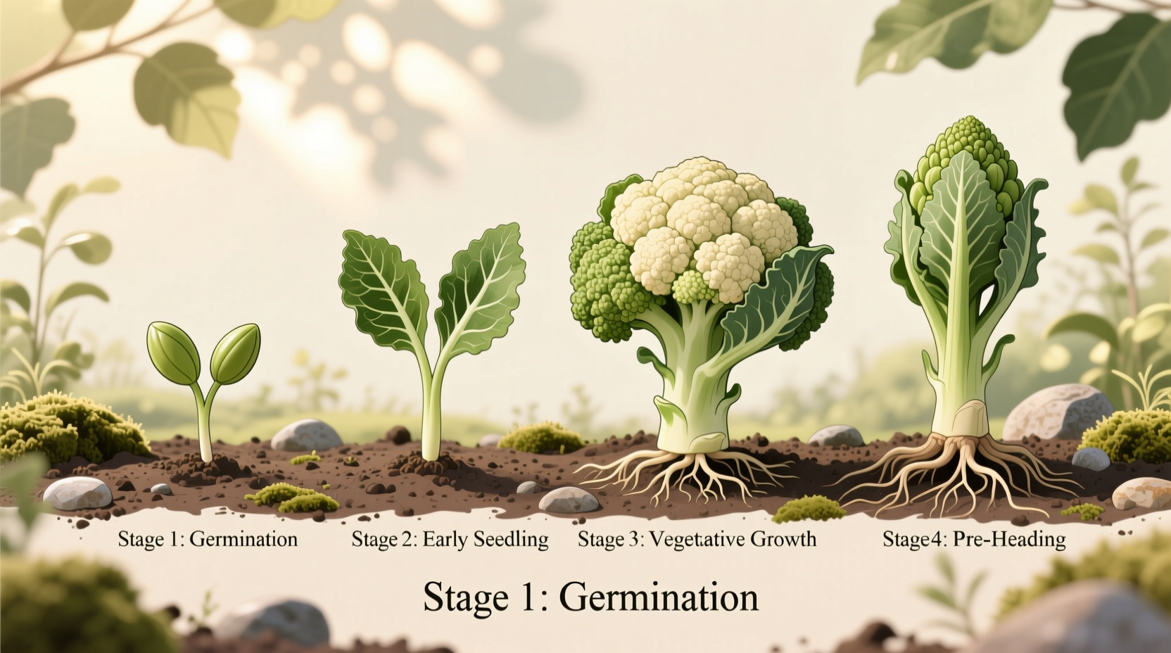 Cauliflower seedling development stages in garden