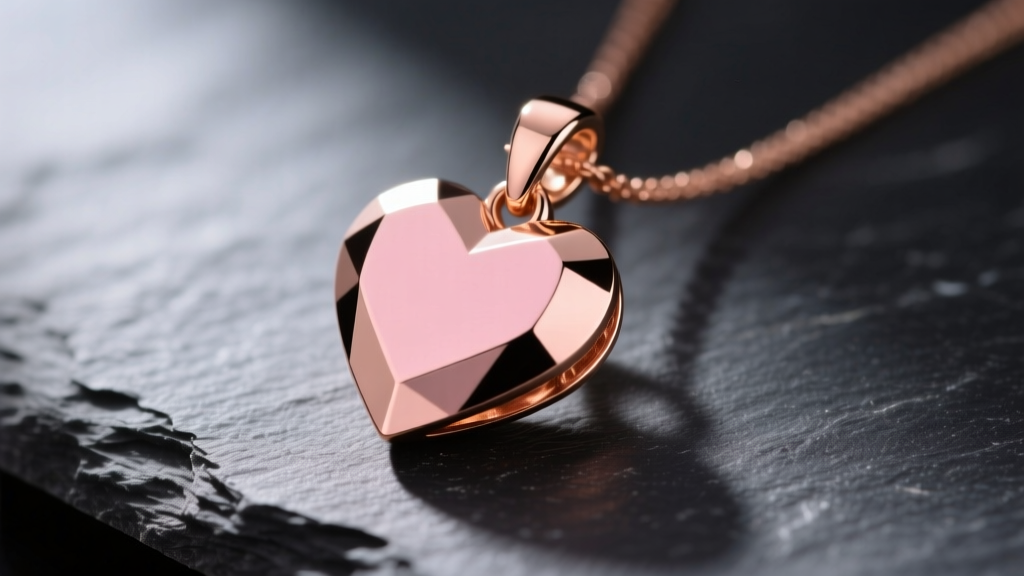 Macro shot of a 14k rose gold heart pendant on dark slate, highlighting the warm pinkish-copper hue and highly polished metal finish.