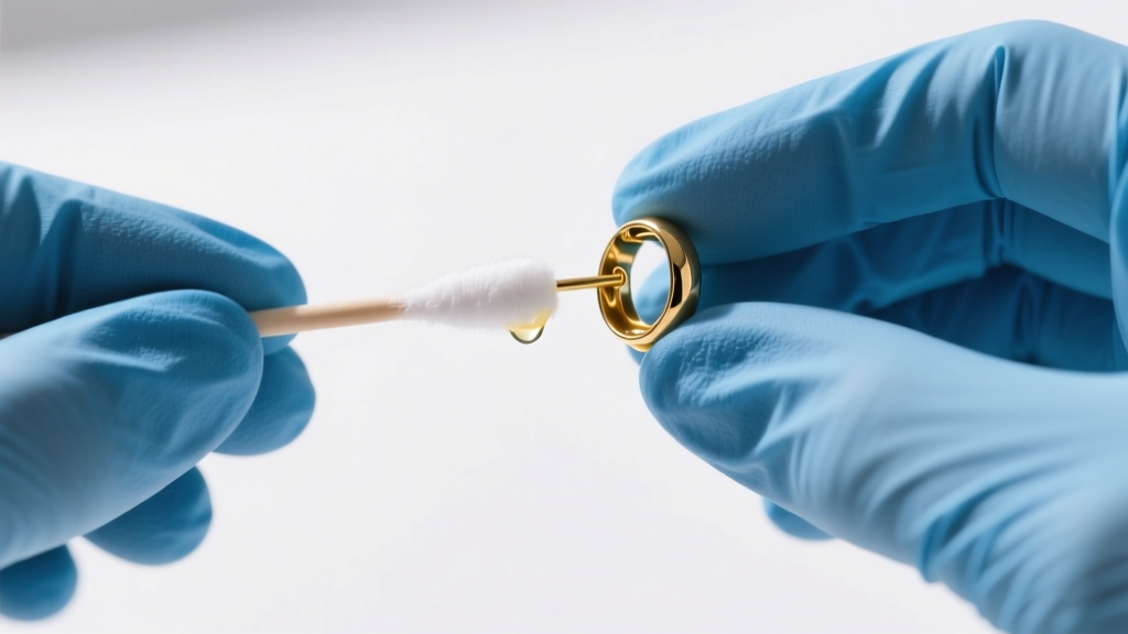 Hands in blue nitrile gloves using a microfiber swab to apply 70% isopropyl alcohol to the threads of a 14-gauge gold earring post