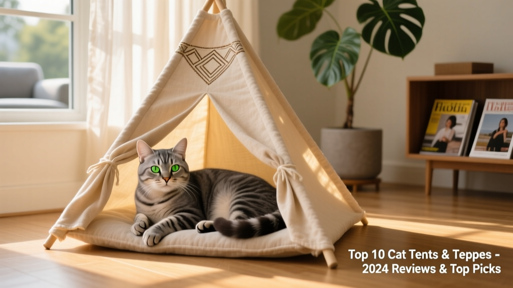 A gray tabby cat lounging inside a soft, fabric cat teepee placed beside a sunny living room window