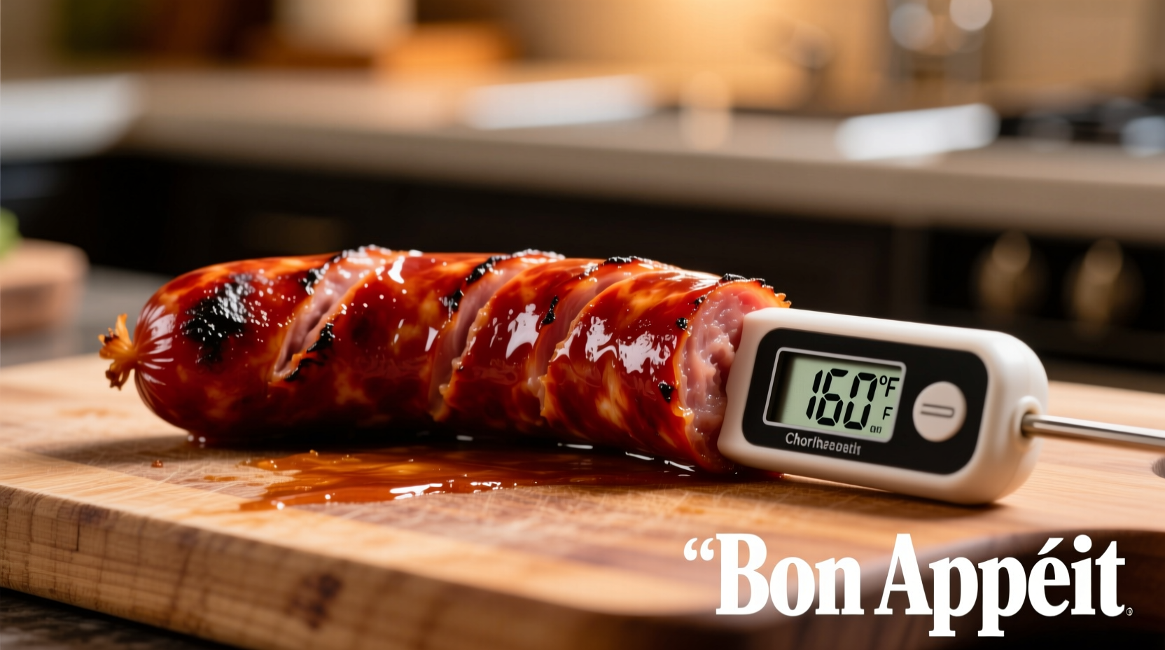 Thermometer showing 160 degrees in cooked chorizo
