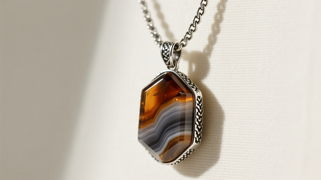 A heavy quartz pendant hanging on a thick 3mm oxidized sterling silver rolo chain, photographed against a neutral linen fabric backdrop.