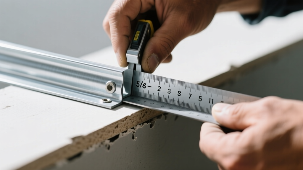 Close-up of a contractor measuring the flange width of a galvanized steel J-bead edge trim against a 5/8-inch gypsum board edge