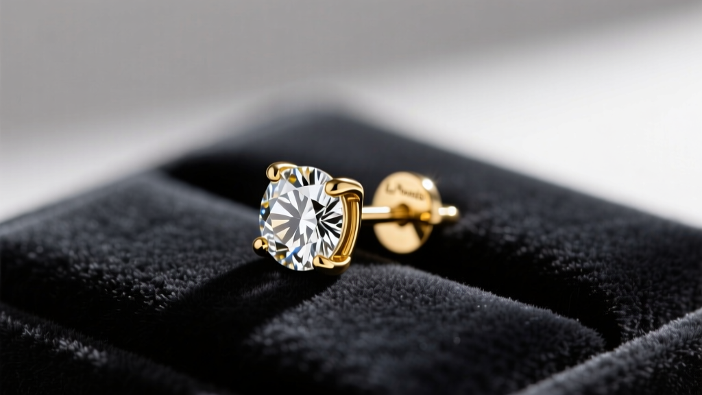 Macro shot of a gold diamond stud earring secured with a La Pousette locking back resting on a dark velvet jewelry display pad.