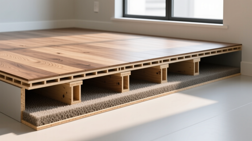 Cross-section diagram showing engineered I-joists, 3/4-inch plywood subfloor, acoustic underlayment, and rigid core SPC imitation wood flooring in a modern residential build