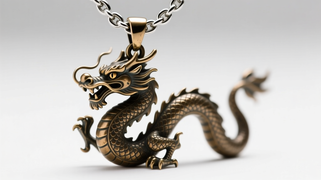 Close-up of a 3.5mm stainless steel wheat chain threading through a heavy bronze dragon pendant bail, highlighting metal texture.