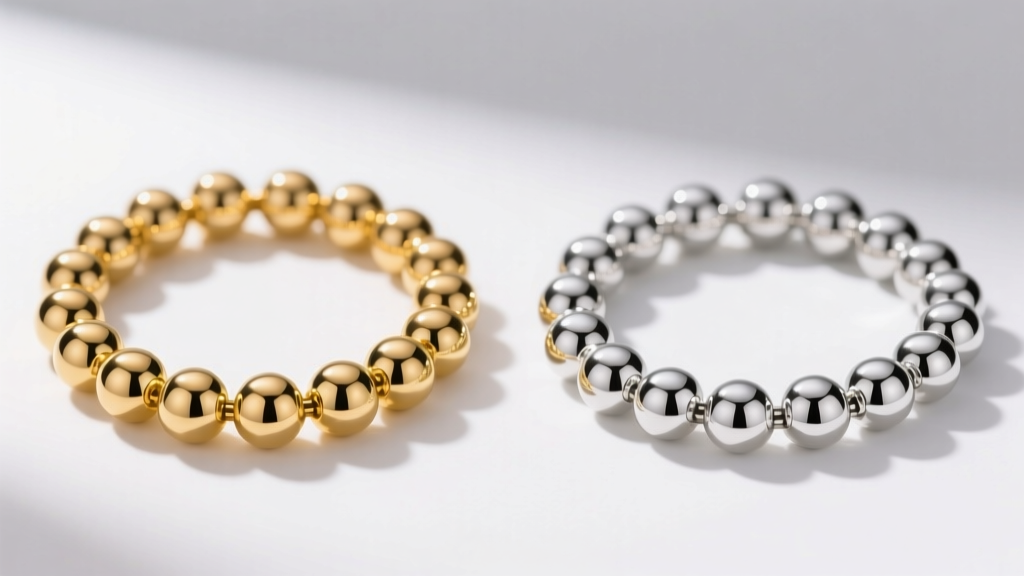 Side-by-side view of PVD-coated gold stainless steel and rhodium-plated 925 silver ball chains under bright studio lighting