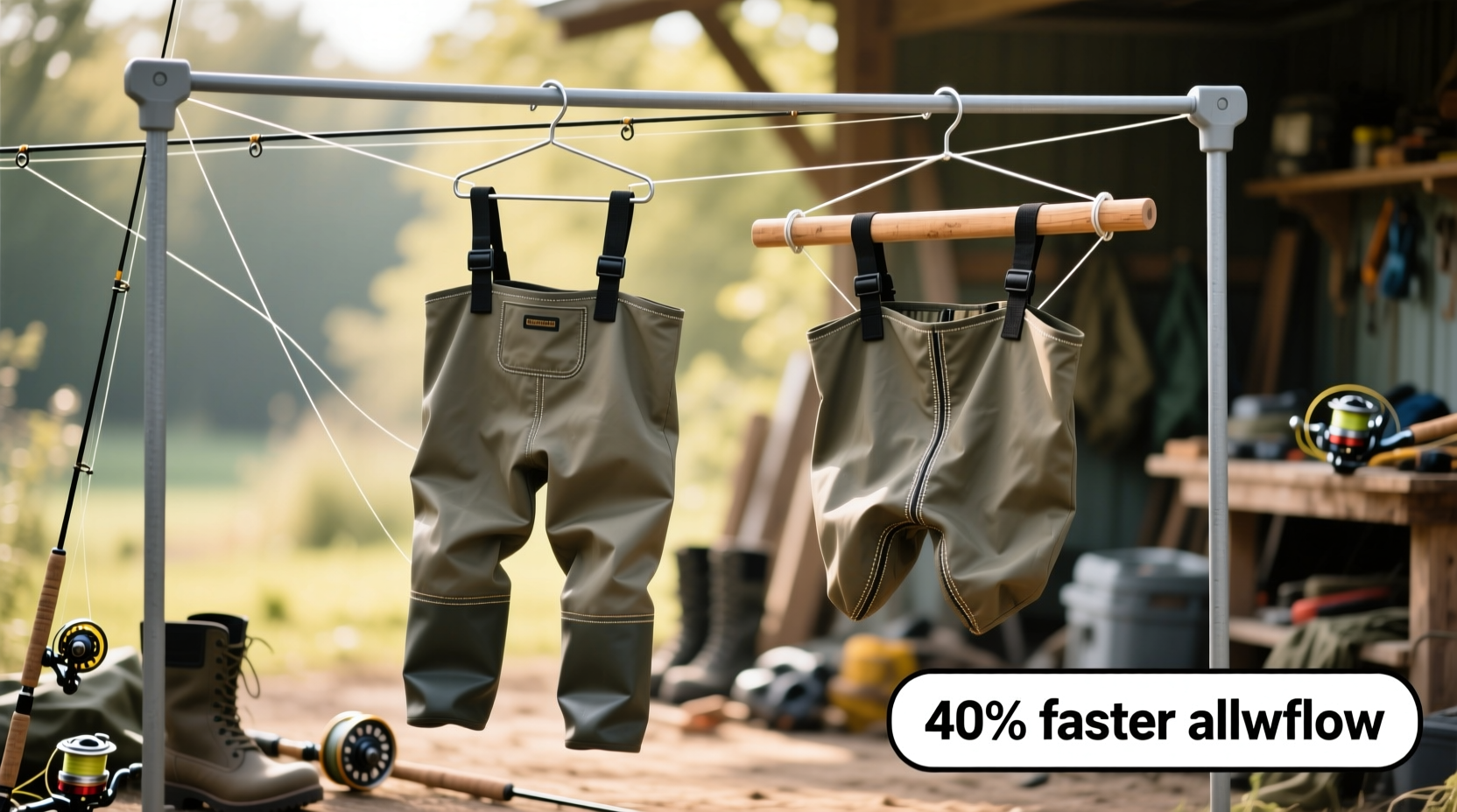 fishing line vs wooden bar for wader drying