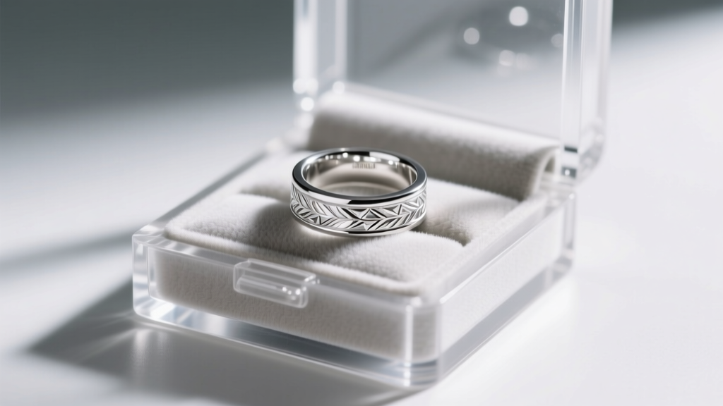Sterling silver ring on microfiber inside a fully cured, archival-grade polyurethane resin jewelry box under soft lighting.