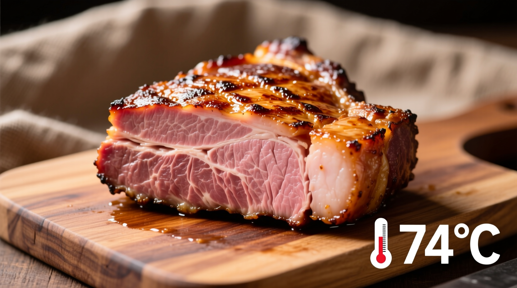 Perfectly cooked ham steak with internal temperature reading