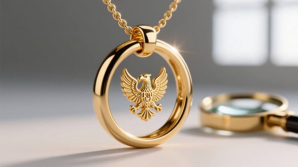 Macro photo of a French eagle head hallmark stamped inside an 18k gold collier jump ring, illuminated by a jeweler