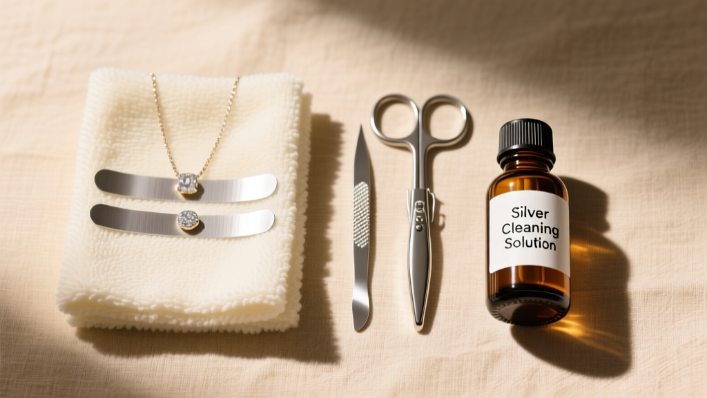 Flat lay of jewelry tools featuring a microfiber cloth, anti-tarnish strips, and a small glass bottle of silver cleaning solution