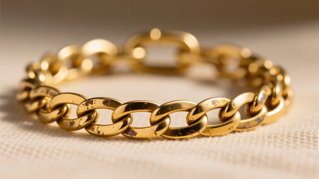 Macro shot of a 14k yellow gold vintage figaro chain link showing slight patina and wear marks, highlighting the durable alloy.