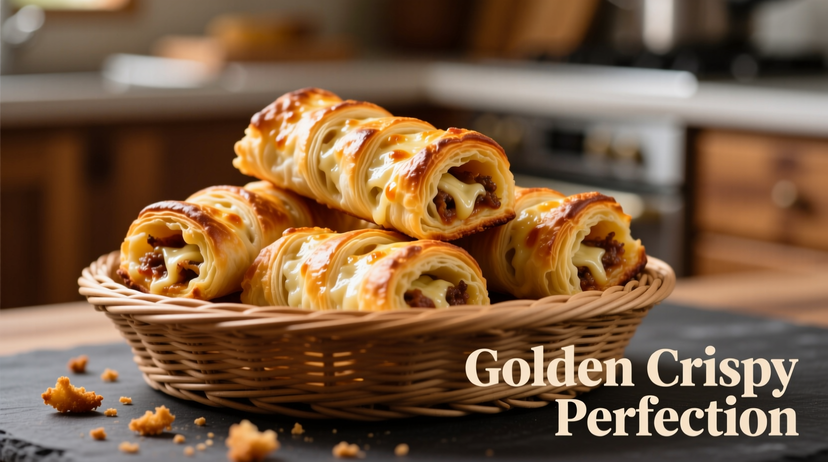 Perfectly golden air fried pizza rolls in basket