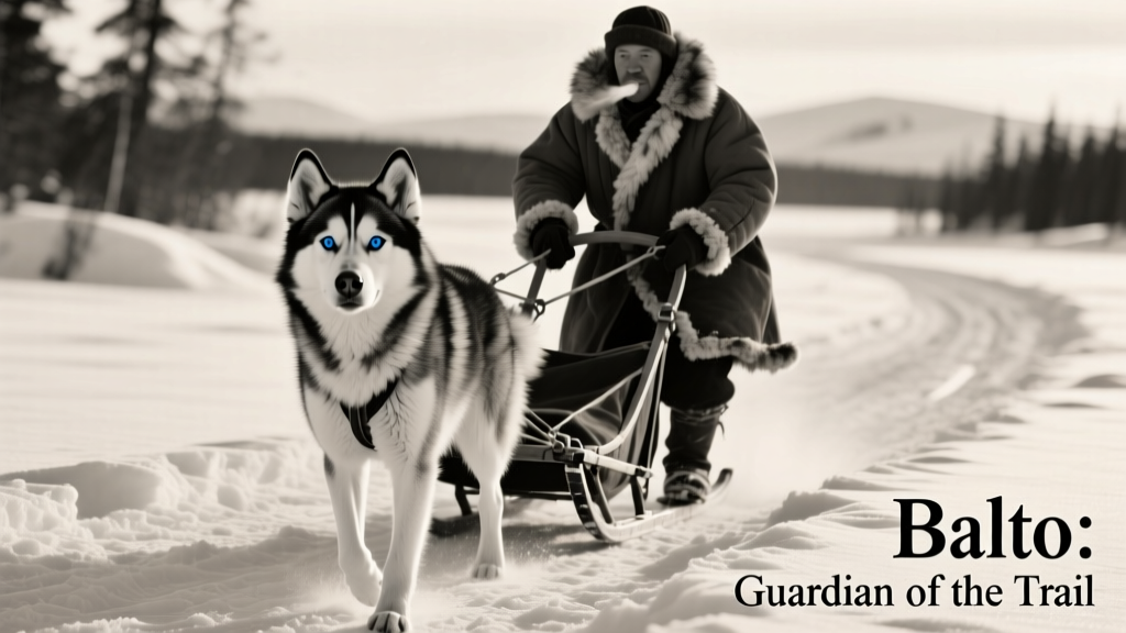 vintage black and white photo of siberian husky Balto with Sledder in fur coat