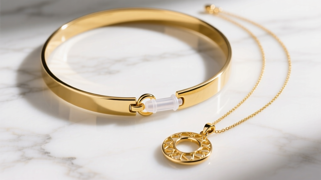 Flat lay on marble of a 16-inch gold choker and 20-inch pendant, showing a clear silicone detangler tube near the clasp