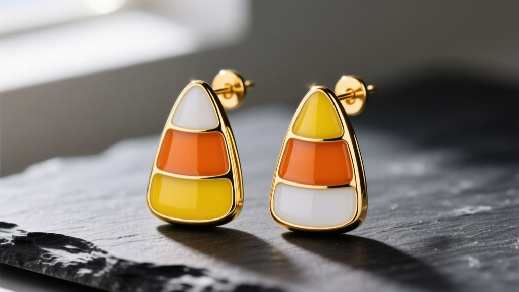 Close-up of 18k gold candy corn drop earrings with vibrant vitreous enamel in yellow, orange, and white, resting on dark slate.