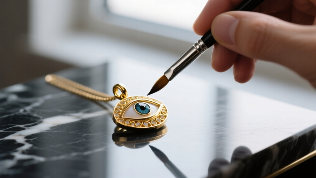 Hand applying protective jewelry coating with a small brush to a gold-plated evil eye pendant resting on a dark marble surface