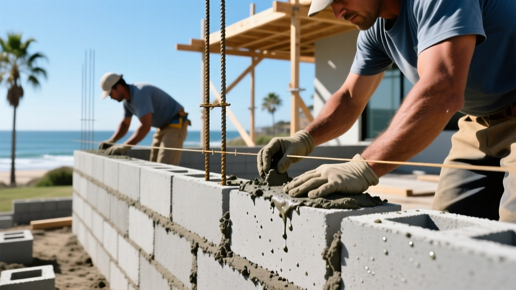 Masonry workers laying 8-inch gray concrete masonry units with exposed vertical rebar and wet grout on a sunny coastal residential construction site