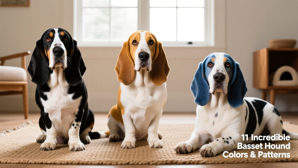 Side-by-side comparison of three Basset Hounds: one black-and-white, one lemon-and-white, and one blue-and-white—highlighting contrast, clarity, and pattern consistency