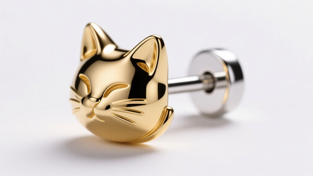Macro shot of OMH cat earrings showing a 19-gauge sterling silver post and 14k gold vermeil plating under bright studio lighting.