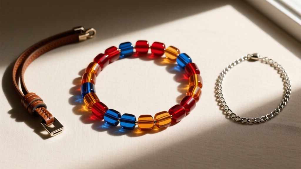 Flat lay of three eyewear necklaces featuring a chunky acrylic beaded chain, a brown leather cord, and a fine silver link chain
