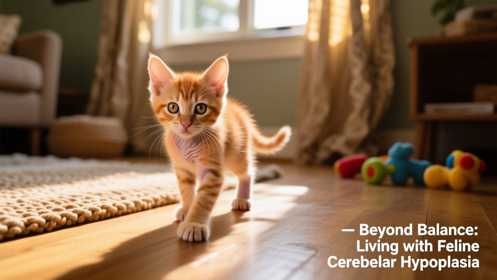 Kitten with mild cerebellar hypoplasia taking tentative steps, showing slight wobbliness but good engagement with its environment