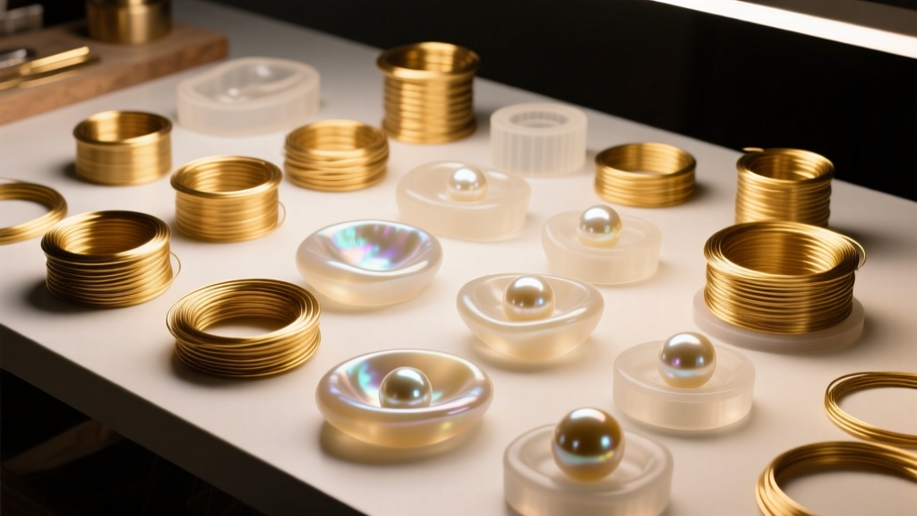 Workbench displaying 20-gauge gold wire, silicone resin molds, and raw baroque pearls under warm, focused studio lighting.