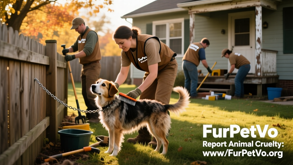 Volunteers from a FurPetVo community program installing a new fence for a dog previously kept on a chain
