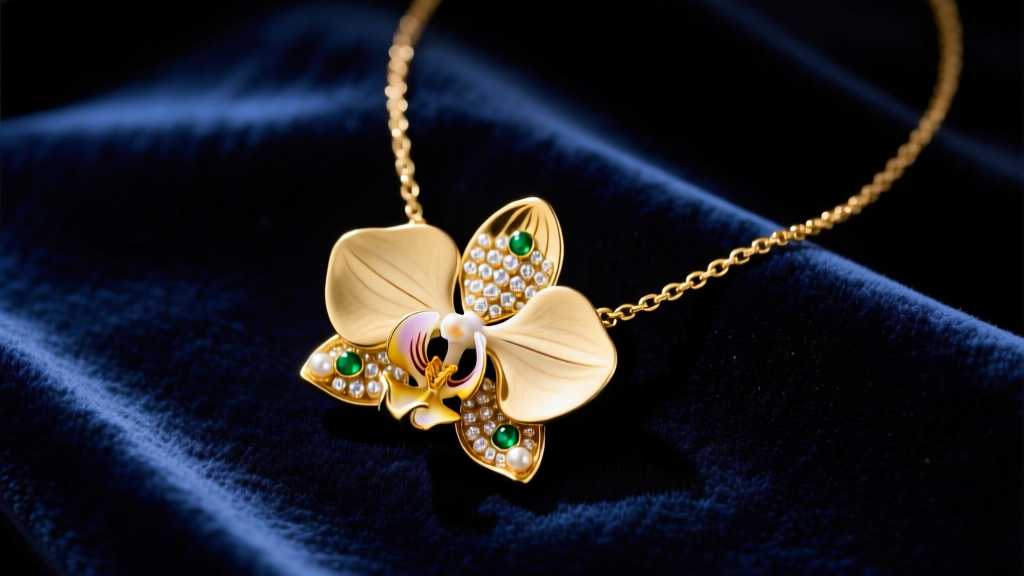 Overhead flatlay of a vintage Carolina Herrera orchid pendant necklace on dark navy velvet, lit by soft directional studio lights.