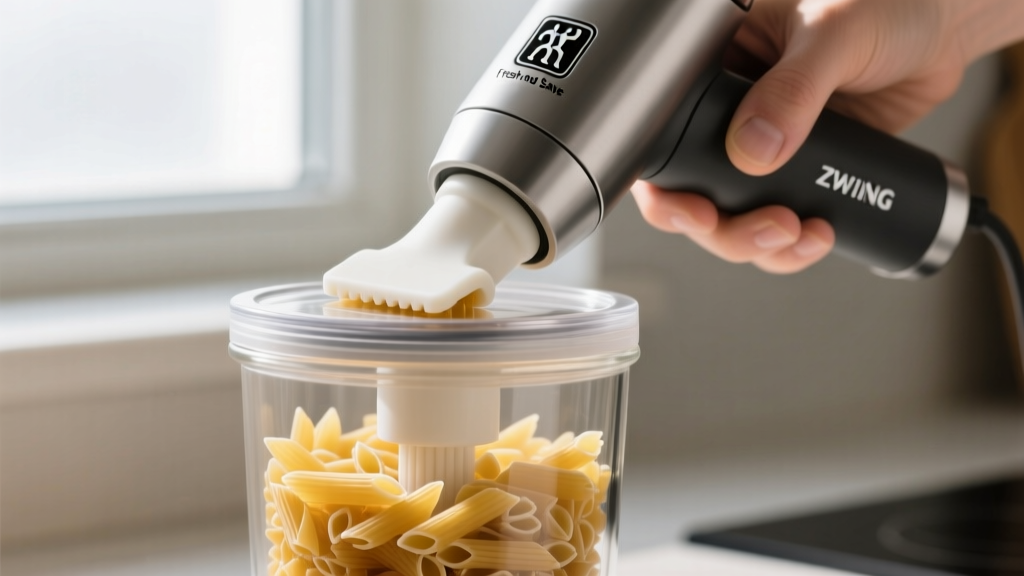 Close-up of Zwilling Fresh and Save handheld vacuum pump sealing borosilicate glass container filled with dried pasta and silicone valve