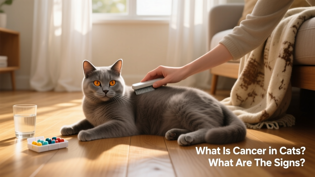 A calm, well-groomed cat receiving gentle care at home—illustrating supportive daily routines during cancer management