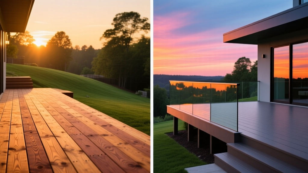 Split-screen comparison showing a newly built pressure-treated wood deck next to a modern composite deck with glass railings at sunset