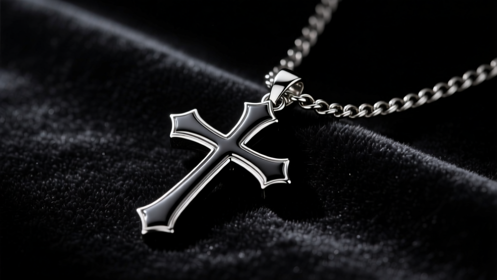 Matte black rhodium cross pendant on a dark gunmetal curb chain resting on black velvet, moody studio lighting, high contrast