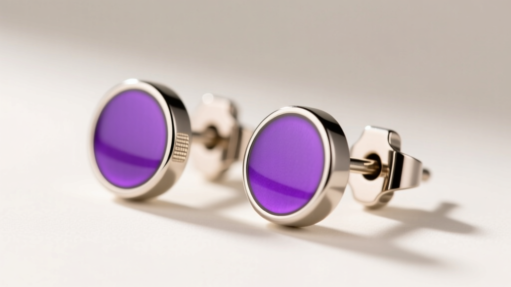 Macro shot of PVD-coated titanium anime enamel stud earrings, highlighting the secure latchback and vibrant purple fill.