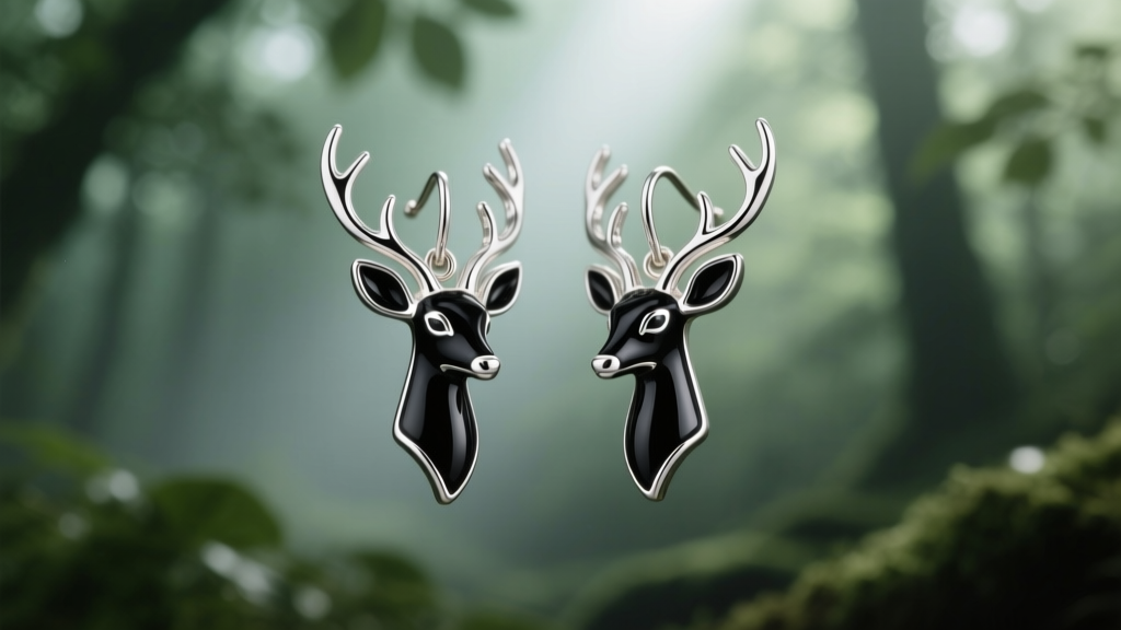 Macro shot of sterling silver fawn drop earrings with black vitreous enamel against a softly blurred, moody green forest backdrop.