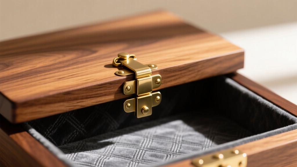 Close-up of walnut wood boys jewelry box lid revealing brass hinges and dark grey Pacific Silvercloth anti-tarnish fabric liner.