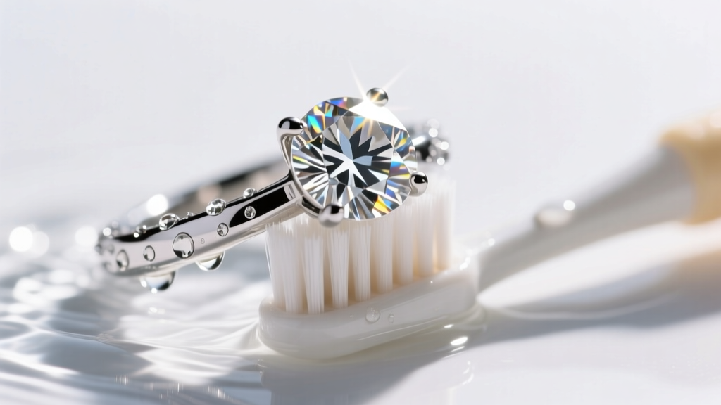 Close-up of a soft baby toothbrush gently scrubbing the pavilion of a platinum lab-grown diamond ring under running water.