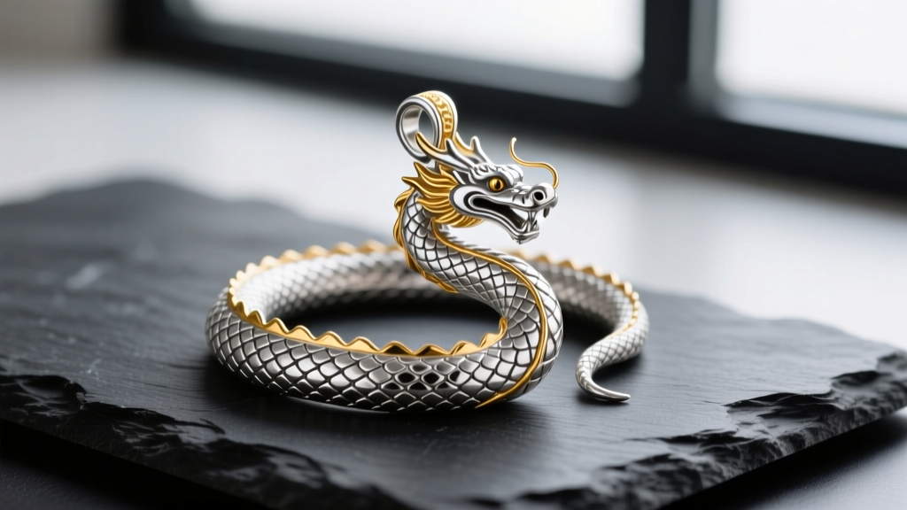 Close-up of a sterling silver John Hardy Naga dragon pendant on dark slate, highlighting hand-woven scales and 18k gold accents.