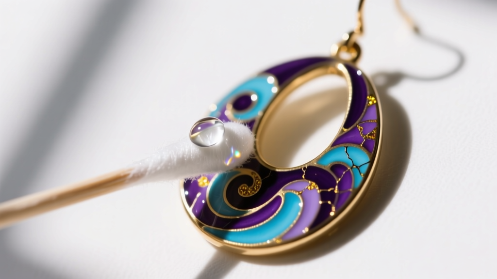 Cotton swab dipped in mild soapy water gently cleaning intricate painted details on a Sanderson sisters novelty enamel drop earring.