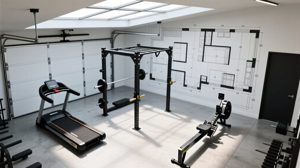 Overhead blueprint diagram of a garage gym layout mapping out the footprint of a treadmill for crossfit, squat rack, and rowing machine