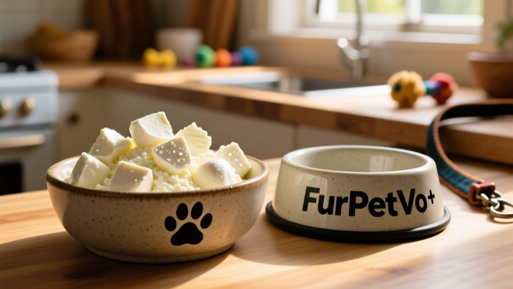 A close-up of cottage cheese and mozzarella cubes next to a dog bowl labeled 'FurPetVo' with a paw-print logo