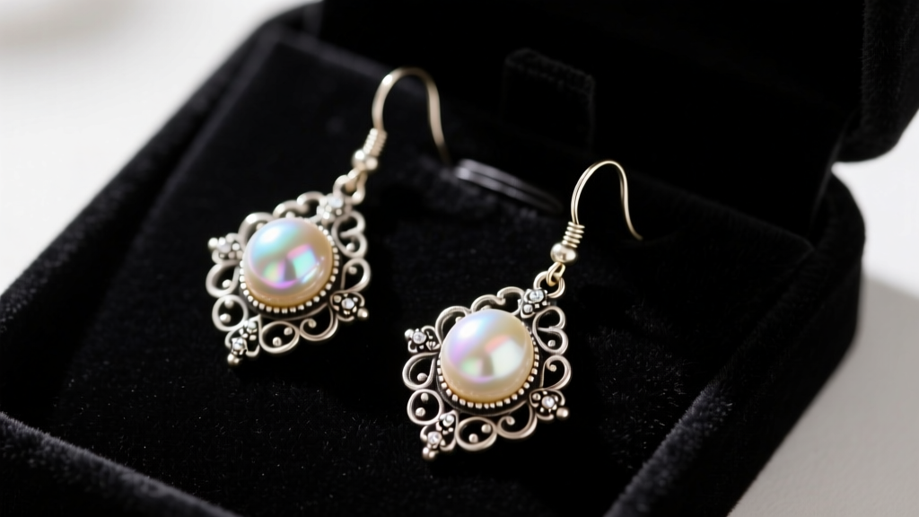 Flat lay of vintage-inspired drop earrings with faux pearls and oxidized silver metal resting on a dark velvet jewelry display