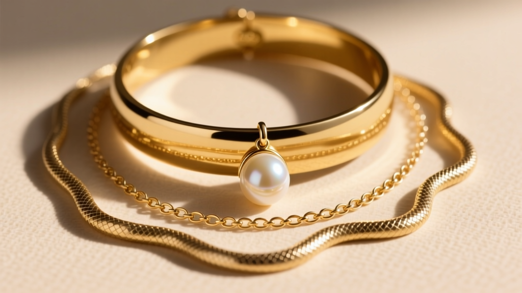 Layered stack with a gold vermeil Sweetie choker, baroque pearl pendant, and delicate snake chain in warm natural lighting.