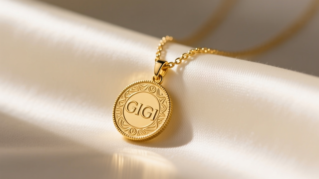 Close-up of a delicate 14k yellow gold Gigi necklace with a textured coin medallion pendant resting on soft ivory silk fabric.