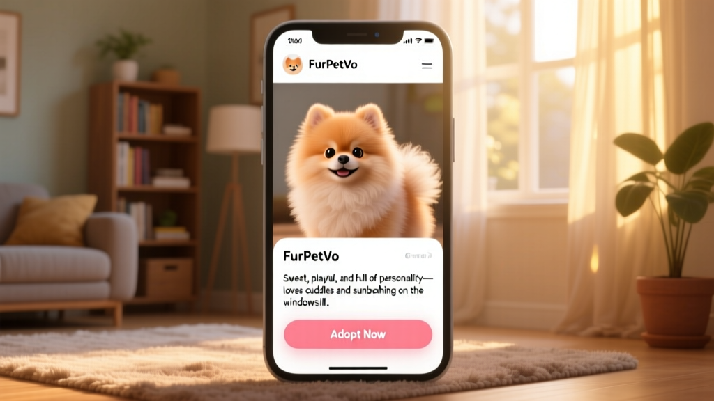 Screenshot-style illustration of a FurPetVo pet profile page showing a Pomeranian's photo, bio, and 'Adopt Now' button